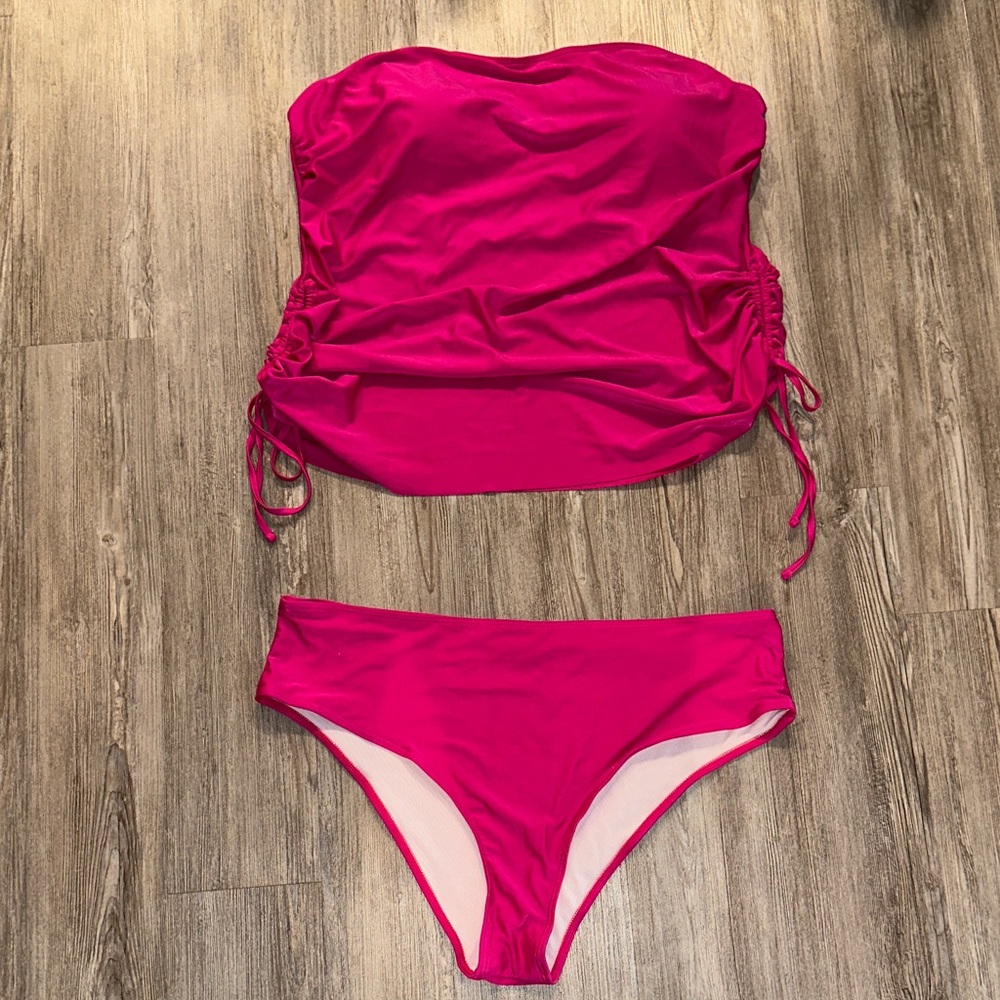 Strapless Ruched Tankini Set - Hot Pink